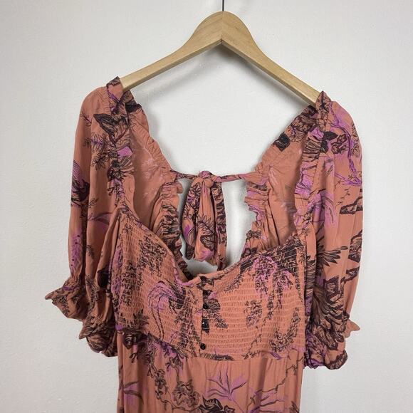 NWT Anthropologie Dress L Orange Floral Boho Prairie Festival Smocked‎ Open Back - Picture 5 of 10